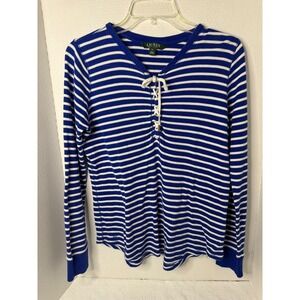 Lauren Ralph Lauren Womens Blue Striped Lace Up Long Sleeve Top Size Medium